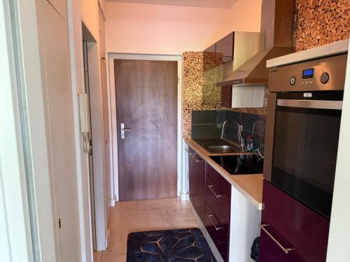 cocina con puerta de madera y encimera en Appart lux, en Luxemburgo