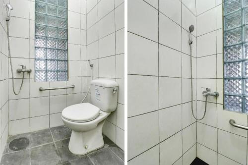 two pictures of a bathroom with a toilet and a shower at Hotel O My Guest House Syariah in Bandung