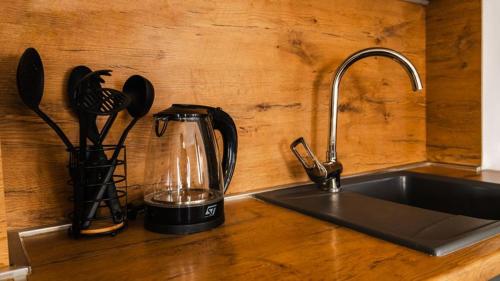 een aanrecht met een mengkraan en een spoelbak bij Antigona Apartments in Skopje