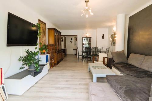 un salon avec un canapé et une télévision à écran plat dans l'établissement Comfortable 1 bedroom apartment - city center, à Hyères