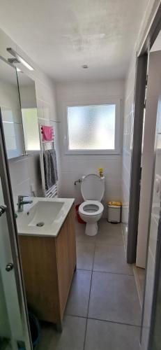 une salle de bain avec toilettes, lavabo et fenêtre dans l'établissement Appartement neuf pour non fumeur, très agréable, confort, détente, à Servian