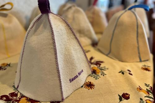 a row of pillows sitting on a table at Pension Asuka inn Daisen in Hoki