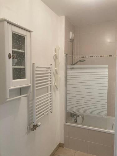 La salle de bains est pourvue d'une douche, d'une baignoire et d'une fenêtre. dans l'établissement Appartement T3 63 m2 rez-de-chaussée, residence Schweitzer 2 chambres garage et jardin, à Aix-les-Bains