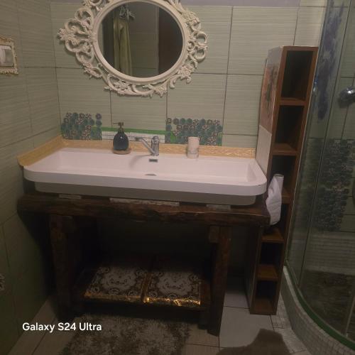 a bathroom with a sink and a mirror at Hostel Apollo in Ząbkowice Śląskie
