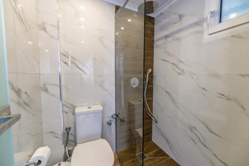 a bathroom with a toilet and a glass shower at KORINA APART HOTEL KAVOS in Kavos