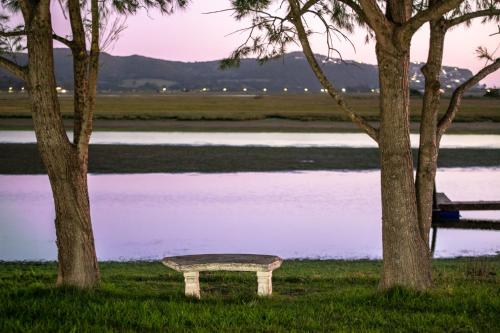 a stone bench sitting between two trees near a lake at Knysna River Club Getaways - Luxury waterfront chalets in Knysna
