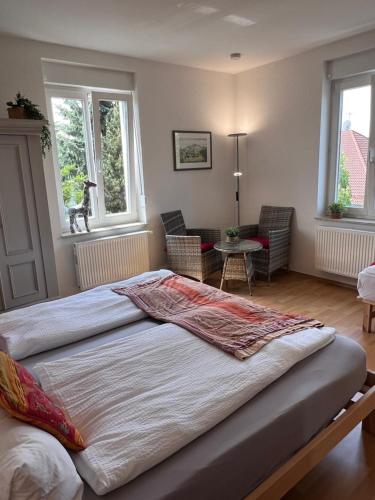 Postel nebo postele na pokoji v ubytování Trompeten-, Posaunen- & Tuba-Appartment in Stolpen