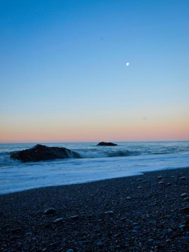 a beach with rocks in the ocean at sunset at Ivorytowers Accommodation in Fox Glacier