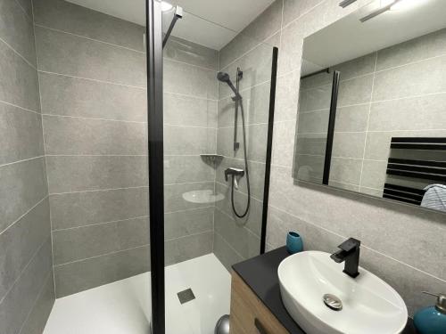 une salle de bain avec douche et lavabo dans l'établissement appartement pied dans l'eau Bonne source, à Pornichet