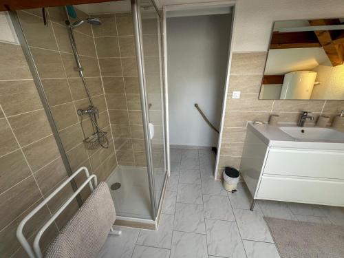 a bathroom with a shower and a sink at Genévriers - T2 - Terrasse - piscine - Parking in Six-Fours-les-Plages