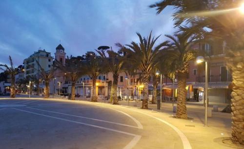 eine Straße mit Palmen und Gebäuden in der Nacht in der Unterkunft Le case di Sara - Green Palm in Arma di Taggia