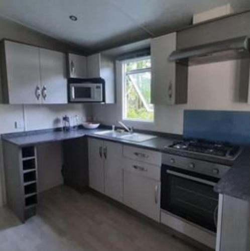 une cuisine avec un évier et une cuisinière four supérieur dans l'établissement Mobil-Home de Matthieu & Elisa, à Pont-Scorff