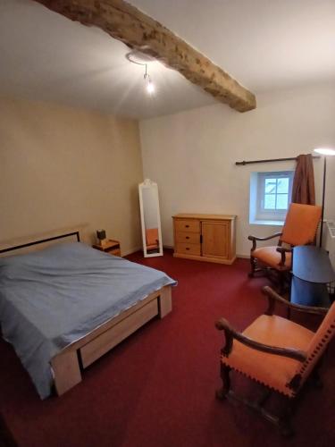 une chambre avec un lit, une chaise et une fenêtre dans l'établissement Calme et tranquillité en Vallée d'Ossau, à Bilhères en Ossau