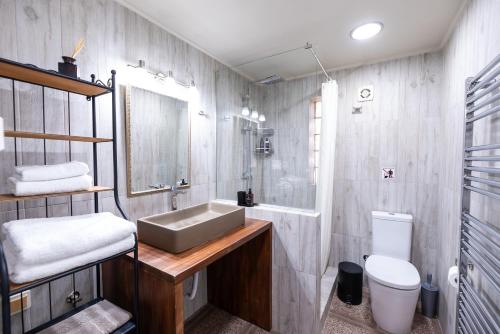 a bathroom with a sink and a toilet at DreamCoast Apartments I in Artemida
