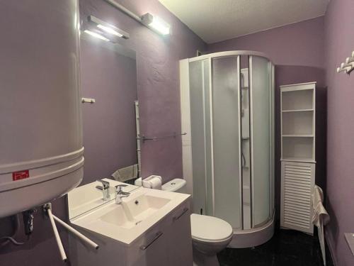 une salle de bain avec un lavabo, une douche et des toilettes dans l'établissement Appartement familial 6 pers. à Super Besse, proche pistes - FR-1-814-131, à Besse-et-Saint-Anastaise
