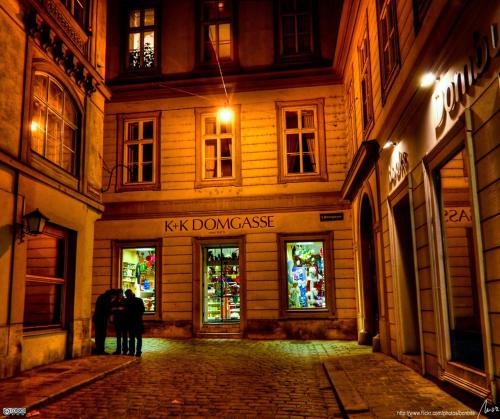 Sobieski Stefansdom Apartments في فيينا: شخصان يقفان أمام مبنى في الليل