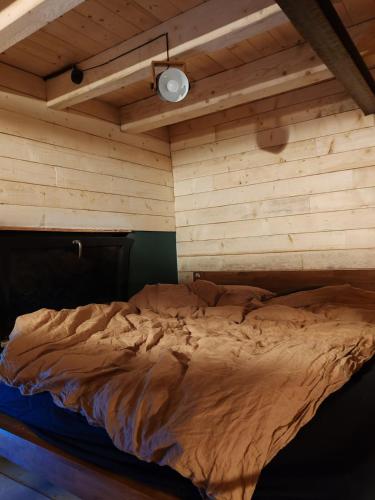 a large bed in a room with wooden walls at Forest Studio Corunca in Corunca