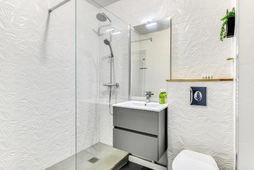 une salle de bain avec douche et lavabo dans l'établissement Le refuge du Gambetta - Proche Cité Médiévale & Bastide - NOUVEAU !, à Carcassonne