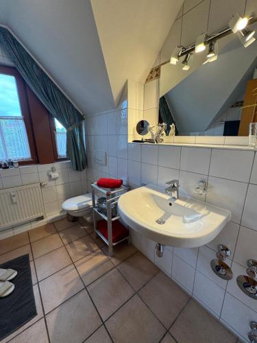 a bathroom with a sink and a toilet at Oewern Diek App 08 in Wustrow