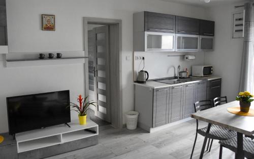 a kitchen and living room with a television and a table at Apartmán u Braňa in Telgárt