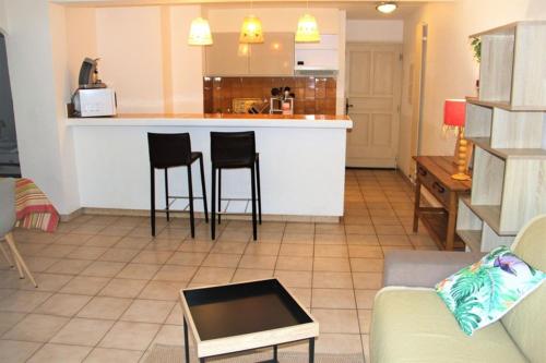 un salon avec un canapé et une cuisine dans l'établissement Jolie T3 - Santa Barbara 124, à Canet