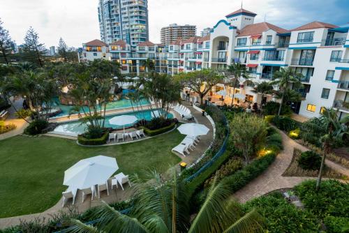 an aerial view of a resort with a pool at Oaks Gold Coast Calypso Plaza Suites in Gold Coast