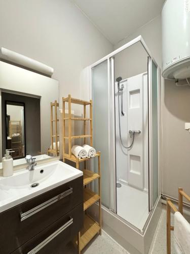 La salle de bains est pourvue d'une douche et d'un lavabo blanc. dans l'établissement Le Fablet, Hyper centre de Rennes, à Rennes