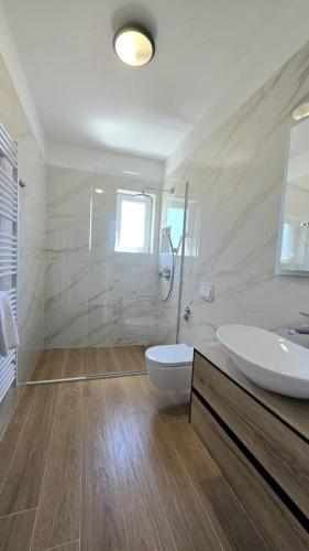 a bathroom with a toilet and a sink and a shower at Aparthotel Tota in Starigrad