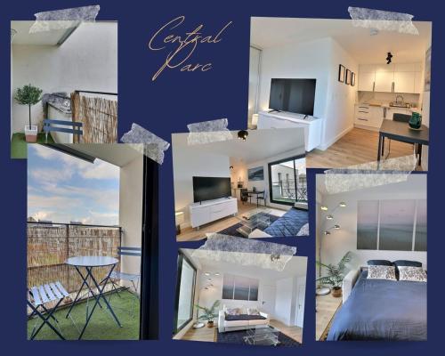 un collage de photos d'un salon dans l'établissement Central Park - Studio calme - balcon - Mon Groom, à Troyes