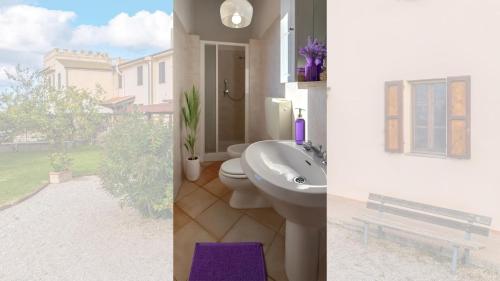 two pictures of a bathroom with a toilet and a bench at Podere Santo Signoretto in San Vincenzo