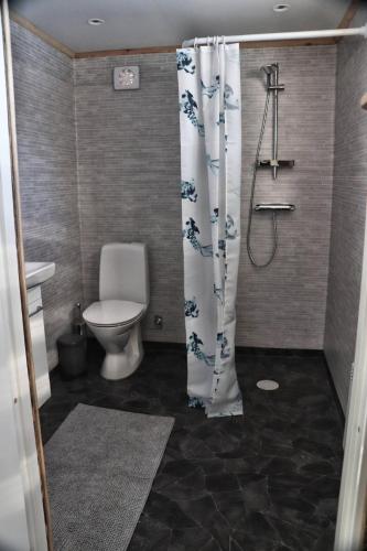 a bathroom with a toilet and a shower curtain at Stuga Östensbo Gård in Österbybruk