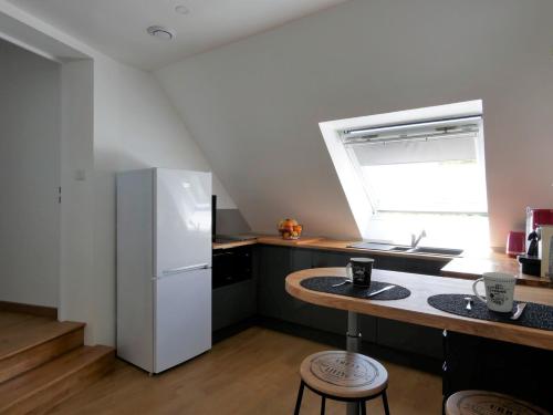 une cuisine avec un réfrigérateur blanc et un évier dans l'établissement LE CHAMP MICHEL - appartement lumineux et cosy, à Chevaigné