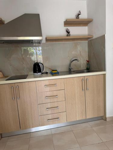 a kitchen with wooden cabinets and a sink at Emy's Rooms in Himare