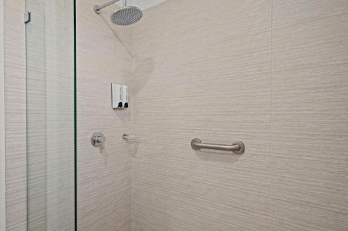 a shower with a glass door in a bathroom at Arubas Life 200 in Noord