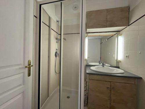 La salle de bains est pourvue d'un lavabo et d'une porte de douche en verre. dans l'établissement Appt Studio LA ROCHELLE - LR010-123, à La Rochelle