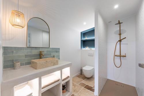 une salle de bain avec un lavabo et un miroir et des toilettes dans l'établissement Petit cocon provençal à 2mn d'Arles, à Fourques