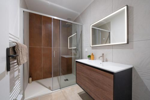 une salle de bain avec une douche, un lavabo et un miroir dans l'établissement Maison du Canal au bord du canal à Cazaux, à La Teste-de-Buch