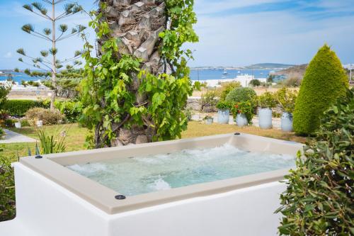 a hot tub in a garden with plants at Navi B2 Brand New 2b/d studio in Naousa in Kampos Paros