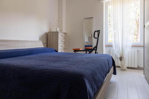 een slaapkamer met een blauw bed en een raam bij Estate By Case al Lago in Desenzano del Garda