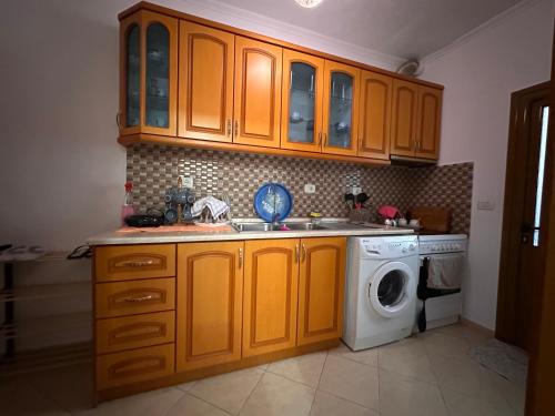 a kitchen with a sink and a washing machine at Anita Apartment in Përmet