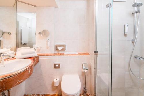 a bathroom with a toilet and a sink and a shower at Best Western Hotel Schlossmühle Quedlinburg in Quedlinburg