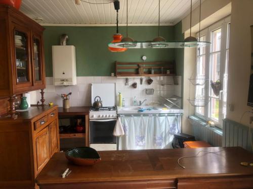 - une cuisine avec des murs verts et une cuisinière four supérieur dans l'établissement Ferienhaus Bretagne Pointe du Raz, à Plogoff