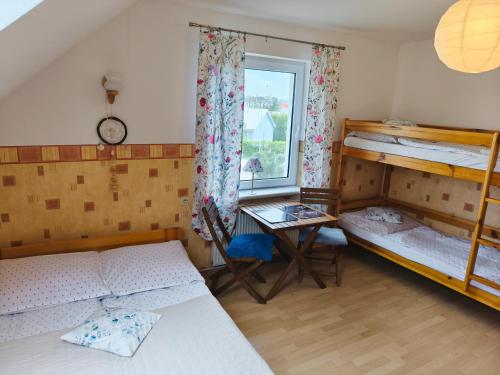 a bedroom with two bunk beds and a window at Pokoje gościnne nad Zalewem in Dziwnówek