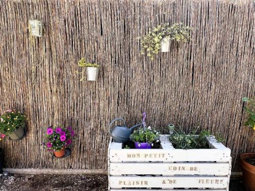 une clôture avec des plantes en pot dans une caisse en bois dans l'établissement Le Costabella - Appartement pour 4 personnes à 5 minutes de la plage de l'Almanarre à Hyères, à Hyères