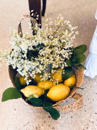 a basket of flowers and lemons on the ground at Il Giardino del Priore Dimora Rurale in Ugento