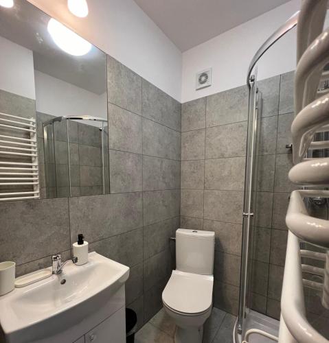 a bathroom with a toilet and a sink and a shower at Krakstop apartamenty in Krakow