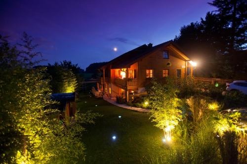 a house with lights in the yard at night at Ferienhaus Alpenpanorama Chalet in Mollenberg