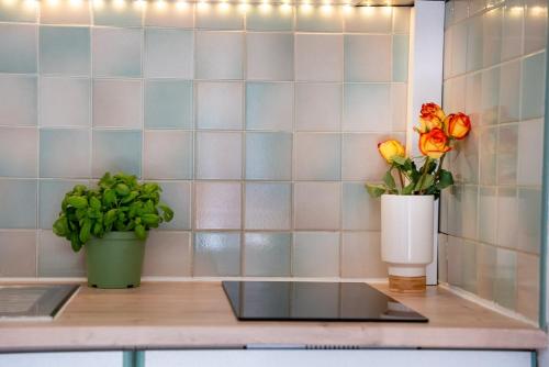 un comptoir avec deux vases et des fleurs sur lui dans l'établissement Very Quiet Palm Beach Studio Close Beach, à Cannes