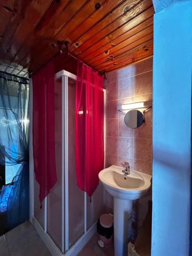 La salle de bains est pourvue d'un lavabo et d'un rideau de douche rouge. dans l'établissement Maison sur la plage, à Folelli