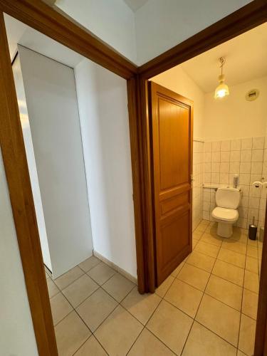 a bathroom with a toilet and a wooden door at Grand appartement central - Propriano in Propriano